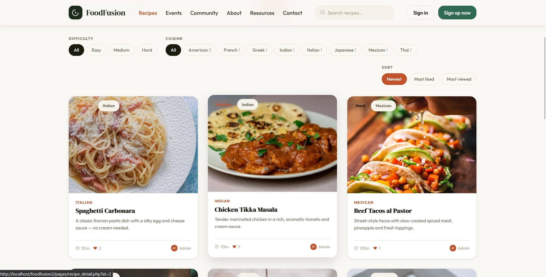 Recipe catalog with filters