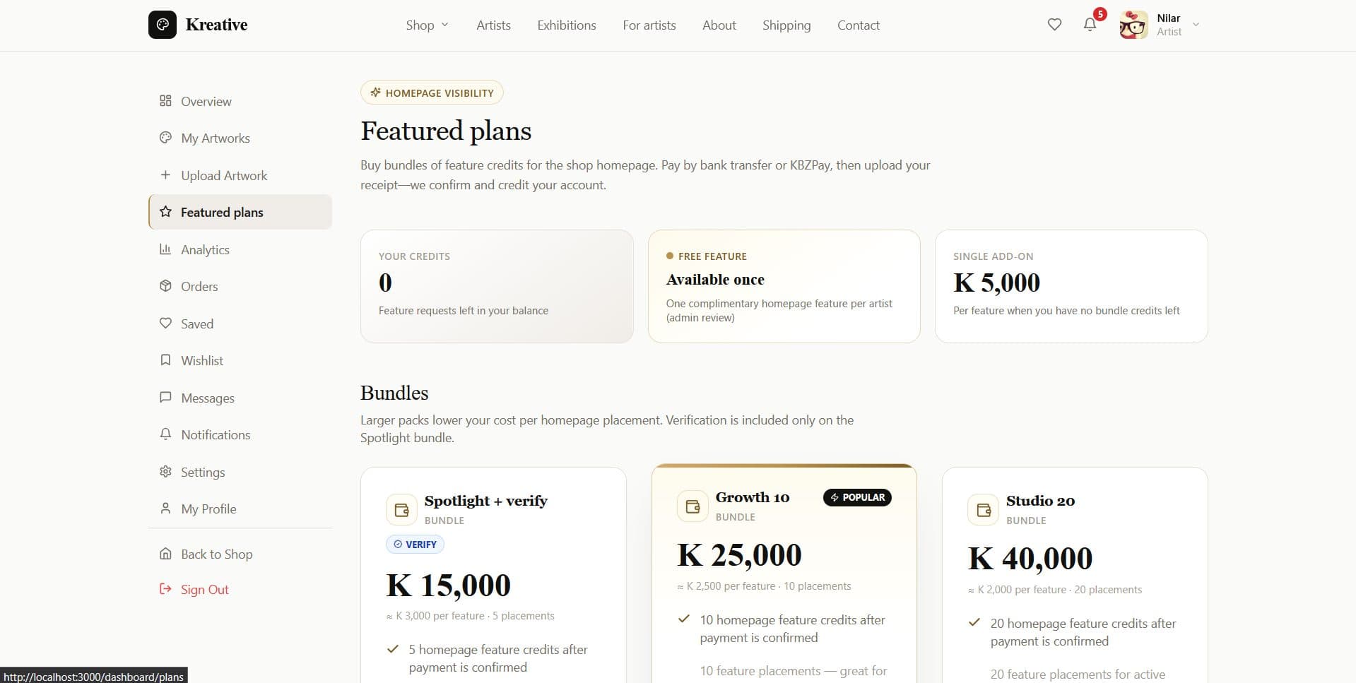 Artist dashboard — featured plans